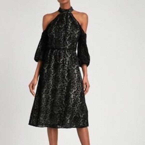 Alice + Olivia Ruthann Black Velvet Cold Shoulder Halter Dress - Picture 10 of 10